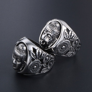 <span class=keywords><strong>Bague</strong></span> vintage en forme de <span class=keywords><strong>camée</strong></span> pour <span class=keywords><strong>homme</strong></span>, en acier inoxydable plaqué argent, avec relief de tête de Bouddha - Product Image 5