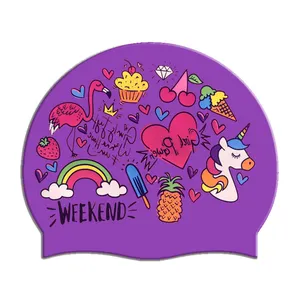 Gorro de natación para niños, tela elástica, dibujos animados bonitos para pelo largo, niños encantadores, protege las orejas, gorro de piscina para niños y niñas