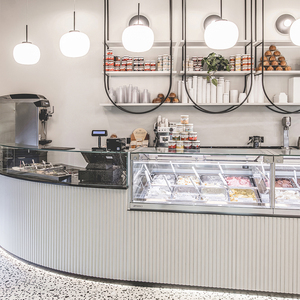 Airy Luxe Bakery & Coffee Market Stall Featuring Glass Display Case, Open Tiered Shelving, and Integrated Warm Lighting - Product Image 3