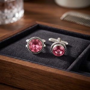 Ensemble de boutons de manchette élégants faits à la main par un designer, sertis de pierres précieuses en tourmaline rose, en argent sterling 925 plaqué, pour hommes et femmes - Product Image 3