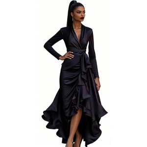 เดรสแฟชั่นผู้หญิงคอวีทรงเข้ารูปช่วงเอวแต่งระบายผ่าข้างสำหรับฤดูใบไม้ร่วง - Product Image 5