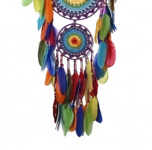 ตาข่ายดักฝันสามชั้น ขนาด 35x110 ซม. ลายแมนดาลา สไตล์โบฮีเมียน สำหรับตกแต่งผนัง ประดับด้วยขนนกและงานถักโครเชต์ - Product Image 6