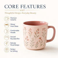 Tasse en porcelaine personnalisée pour commande en gros, motif botanique rose poudré, glaçure intérieure rose brillante, pour café, thé, décoration de cuisine