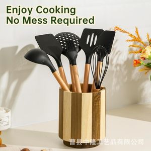 Porte-couverts rond en bois, organiseur d'ustensiles de cuisine pour comptoir, boîte de rangement rotative à 360 degrés en bois massif - Product Image 3