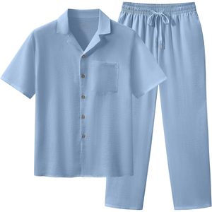 FOXA Mens 2 Piece Summer Outfit Cotton Button <b>Down</b> Shirt Loose Pants Set Breathable Beach Casual Wear - Product Image 2
