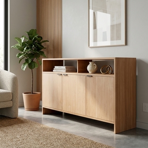 Buffet moderne en bois, credenza, buffet en contreplaqué avec placage bois, finition naturelle, armoire de rangement pour salon - Product Image 4