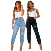 2021 donne all'ingrosso Jeans strappati stretti Pantalones De Mujer pantaloni a vita alta strappati da donna Jeans Boyfriend blu in cotone per ragazze