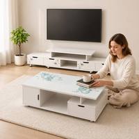 Ensemble moderne de console TV et table basse en bois blanc avec plateau en verre télescopique, meuble de rangement multimédia pour salon
