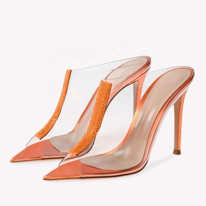Big Size 46 Peep Toe PVC Women Summer Stiletto Sandals High Thin Heels Rhinestone Dress Mules <b>Shoes</b> - Product Image 1