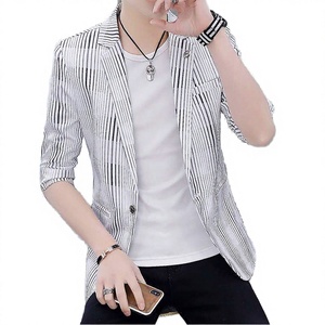 Traje de Negocios para Hombre, Moda Otoño, Blazer a Rayas, Cuello de Solapa Delgada, Pliegues Delanteros, Cierre de Botones, Antiarrugas, 100% Poliéster, Adulto - Product Image 3