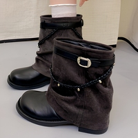 Bottes mi-mollet souples pour femmes, bout rond, semelle plate, boucle, sangle tressée, bottes de style western, 2 couleurs