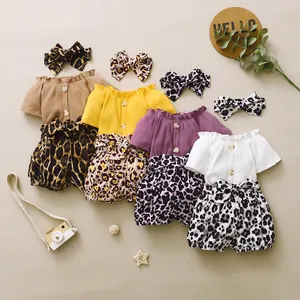 幼児の女の赤ちゃんの服セットリブクロップトップシャツとヒョウショーツ夏の服M2315