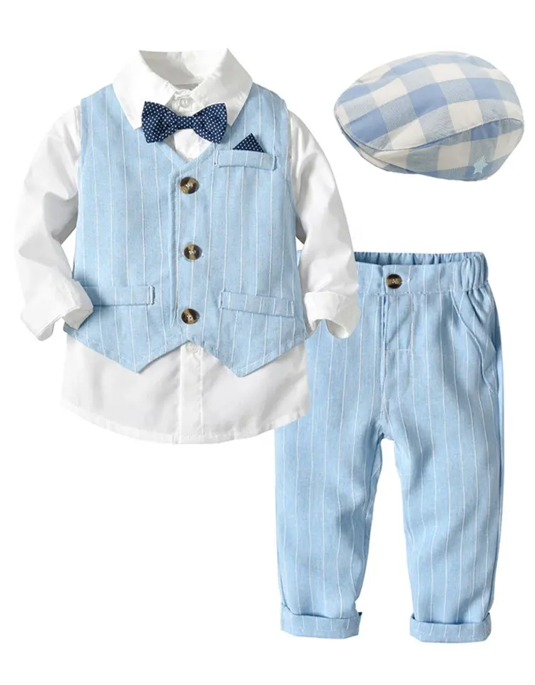 春の綿の男の子の服青いフォーマルなドレススーツ弓帽子ストライプベストシャツパンツ4 PCS子供服1-5年