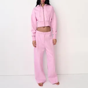 F240103-1 Women Crop Tracksuit Jogger Set 2024 Womens Clothing Custom Embroidery Logo 2 Pieces Full Zip Up Crop Hoodie Set
