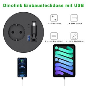 Prise de <span class=keywords><strong>bureau</strong></span> encastrée standard UE 80 mm, prise de <span class=keywords><strong>bureau</strong></span> industrielle, ABS, câble USB C rétractable 20 W, multiprise de table - Product Image 2