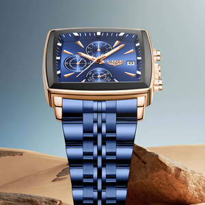 For Men's Quartz Watch Blue Dial Rose Gold Case Stainless Steel Strap Chronograph 3BAR Water Resistant <b>Calendar</b> Wristwatch - Product Image 5
