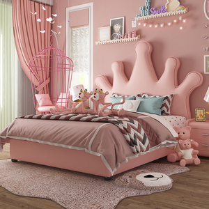 Creatief Modern Roze Leren Kinderbed High-<span class=keywords><strong>End</strong></span> Gestoffeerd Kinderbed Met Opbergruimte Nieuwste Ontwerp Kroonbed Voor Kinderen - Product Image 2