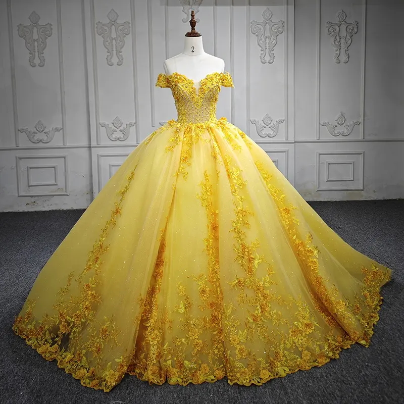 Jancembfar 5842 टर्की पीले 3 डी फूल इंस्टैनबुल शाम कपड़े क्विनेरा पोशाक