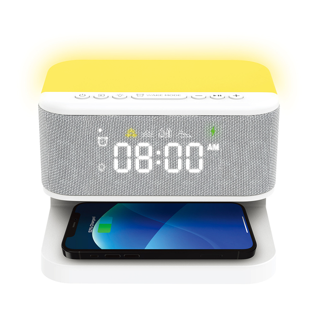 KENUO Hotel Bedrooms Wireless Charger  Sunrise Lights White Noise Digital Table Alarm Clock Speaker With Backlight