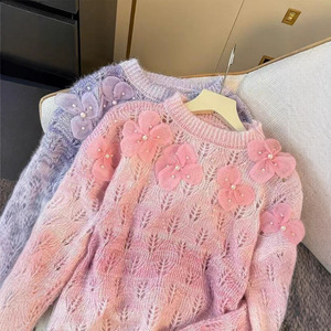 Pull dégradé 3D à fleurs perlées pour femme - Pull décontracté ajouré tendance - Product Image 6