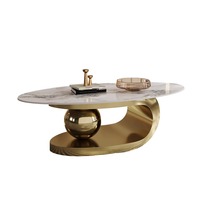 Offre spéciale Table basse de réception Table de centre en acier inoxydable doré avec dessus en marbre blanc Table à thé ovale en pierre de style vintage français