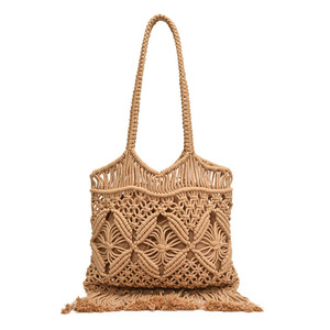 Borsa lavorata a mano con nappine in poliestere di grande cotone aperto alla moda borsa da spiaggia con spalla geometrica da donna in paglia - Product Image 2