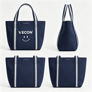 Custom Logo <strong>Navy</strong> Blue Canvas Tote <strong>Bag</strong> with Striped Webbing Handles Eco-friendly Reusable Shopping Shoulder <strong>Bag</strong> for Promotion - Product Image 4