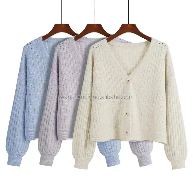 Women's short cardigan sweater with button white sweater V-neck long sleeve knitting cardigan