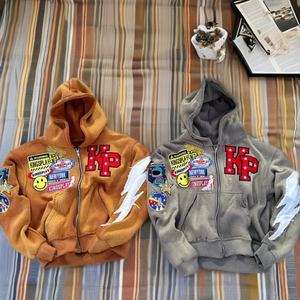 Vintage Boxy Fit 100% Cotton 460GSM Heavyweight Custom Embroidery Distressed <b>Applique</b> Patch Stone Washed Sun Fade Zip Autumn - Product Image 1