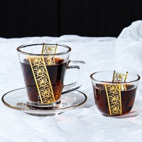 Ensemble de 3 tasses à thé turques résistantes à la chaleur avec soucoupes, design floral doré arabe, tasses à café en verre, tasses à thé et soucoupes en verre