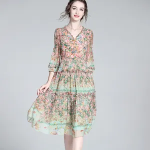 supplier High Quality casual women lady elegant v-neck drawstring dress Ladies Silk Dress 100% Mulberry Silk Dresses Women