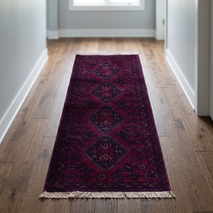 Tapis afghan noué à la main unique en son genre, rouge/marron, laine naturelle et coton, 5'1 x 1'9, Afg63 - Product Image 2