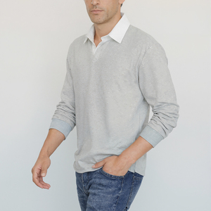 เสื้อรักบี้แขนยาวผ้าฝ้ายสีเทาแบบเรียบเสื้อโปโลแบบทีมออกแบบได้ตามต้องการ - Product Image 2