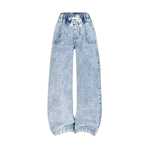 <span class=keywords><strong>Jean</strong></span> baggy large à la mode pour petites filles, pantalon décontracté en denim avec <span class=keywords><strong>taille</strong></span> élastique à cordon de serrage et poches avant, pantalon pour enfants personnalisé - Product Image 4