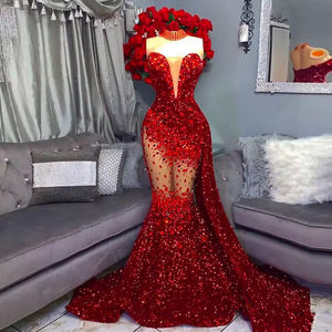 Maßgeschneiderte Elegante Rote Abendkleider mit Pailletten, Kristall-Strasssteinen und Schleppe für den Abschlussball 2026 für Schwarze Frauen, Illusion Luxus Abendkleider - Product Image 1