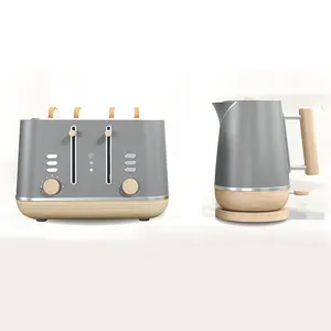 Ketel dan pemanggang roti Retro kualitas tinggi, Set ketel elektrik dari kayu baja tahan karat kontrol suhu 2-in-1