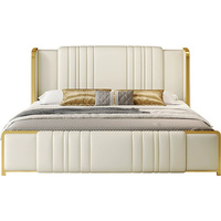 Meubles de chambre à coucher, lit queen size moderne de luxe, revêtement en similicuir, tête de lit en acier inoxydable doré, blanc, rangement, confort, douceur