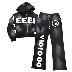 Completo <span class=keywords><strong>Tuta</strong></span> da Uomo Personalizzato Oversize con Lavaggio Acido Effetto Invecchiato e Patch Ricamato, Felpa con Cappuccio e <span class=keywords><strong>Pantaloni</strong></span> a Zampa Vintage Traspiranti per l'Autunno - Product Image 2