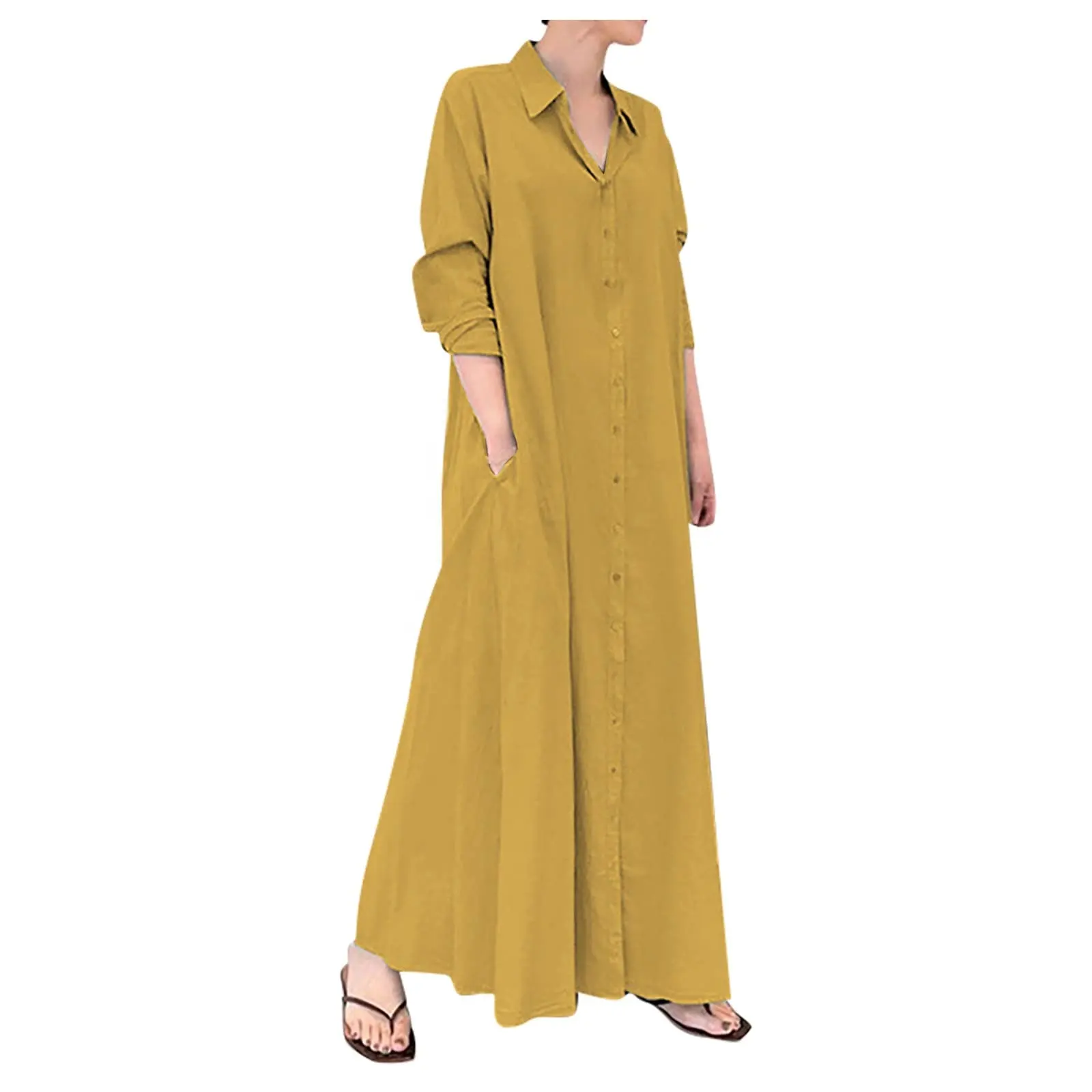 2024 verano con bolsillo algodón Lino camisa vestido manga larga botón musulmán suelto Casual largo Maxi Vestidos para mujeres