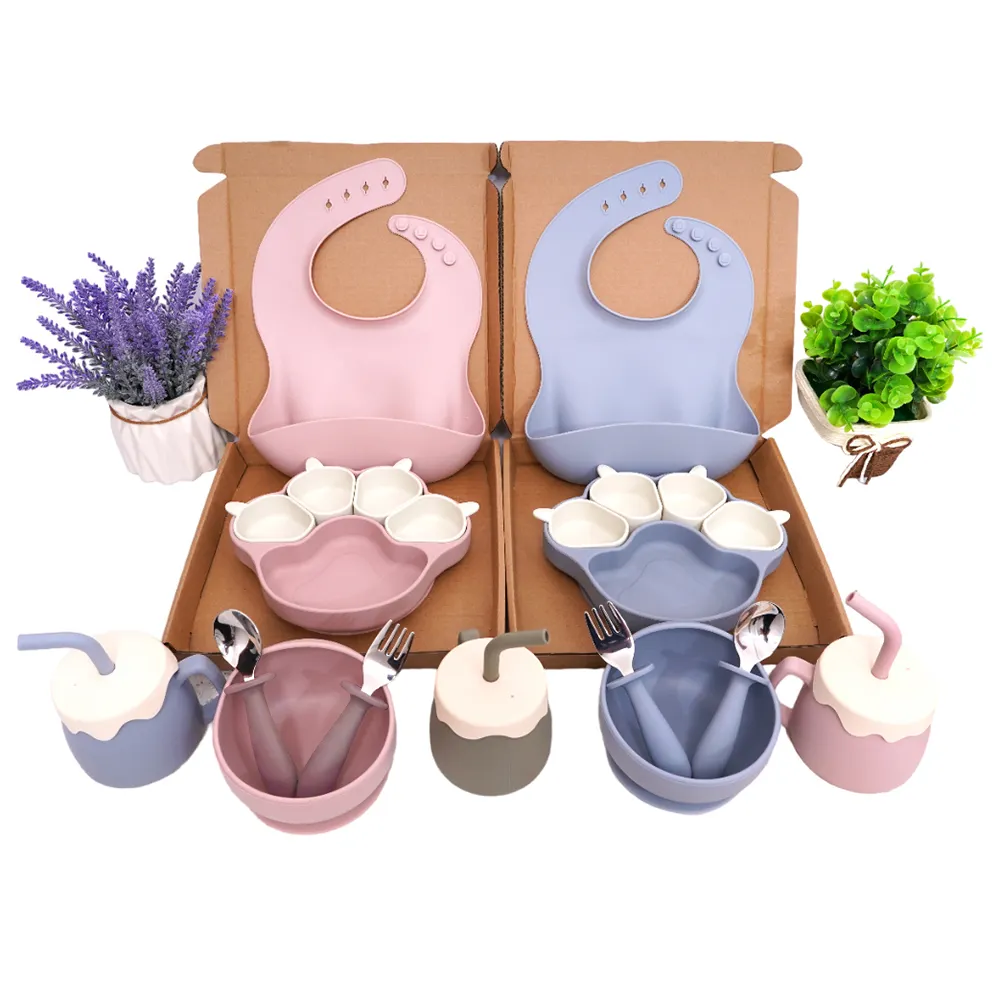 Ensemble d'alimentation pour bébé Animal Bear Baby Silicon 6 Pcs Vaisselle Baby Bear Silicone Suction Toddler Feeding Set