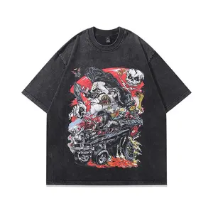 American Hip-Hop Trendy Brand Fun Cartoon Print Wash Distressed Short Sleeve T-Shirt Hommes et femmes Oversize Half Sleeve Tee