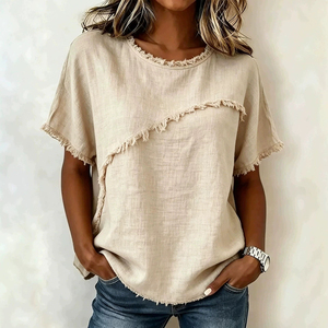 T-shirt décontracté en lin pour femme, col rond, manches courtes, coupe ample, couleur unie, franges asymétriques, respirant, tissé, printemps-été - Product Image 2