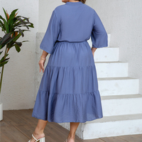 Nouvelle Robe Chemise Tissée Unie Grande Taille pour Femme, Col en V, Manches Mi-longues, Boutons, Cordon de Serrage, Jupe Évasée, Élégante et Simple