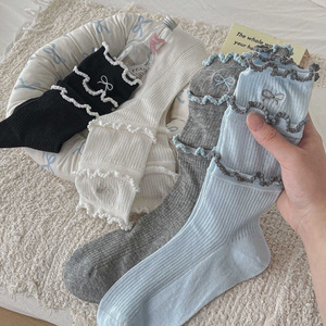 Calcetines de algodón con encaje de estilo coreano para mujer, calcetines hasta media pantorrilla transpirables, calcetines holgados de princesa, blancos, grises, azules, para jóvenes de 18 a 40 años - Product Image 2