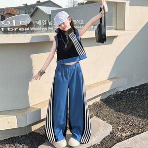 Completi <span class=keywords><strong>Abbigliamento</strong></span> Bambina 2026 Estivi Ragazza Adolescente Canotta Senza Maniche + Pantaloni a Righe Nero Bianco Blu Set Sportivo - Product Image 5