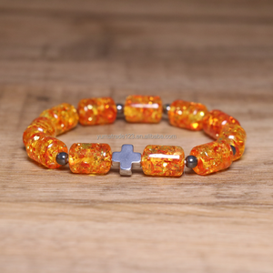 Bracelet élastique en hématite, croix et perles d'<span class=keywords><strong>ambre</strong></span>, bijou énergétique de guérison pour femmes et hommes, idéal pour le quotidien et comme cadeau. - Product Image 1