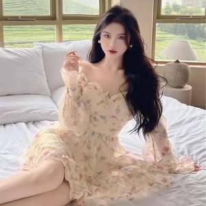 Vestido Largo de Gasa con Estampado Floral, Estilo A-Line, Hombros Descubiertos, Volantes, Cintura Imperio, Transpirable, para Uso Diario, Casual - Product Image 2