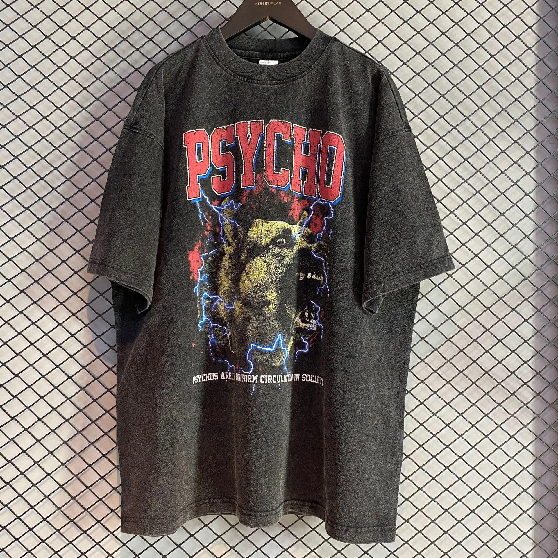 PSYCHO 100% Cotton 250GSM Heavywight Hip Hop Streetwear Oversize Washed Vintage T-Shirts Custom Printed T Shirt