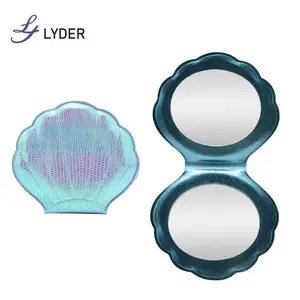 Lyder Sea Shell Shaped Custom Gold Logo Marke Doppelseitig Lila Leder Faltbar Mini Kompakt Make-up Spiegel In Taschen größe