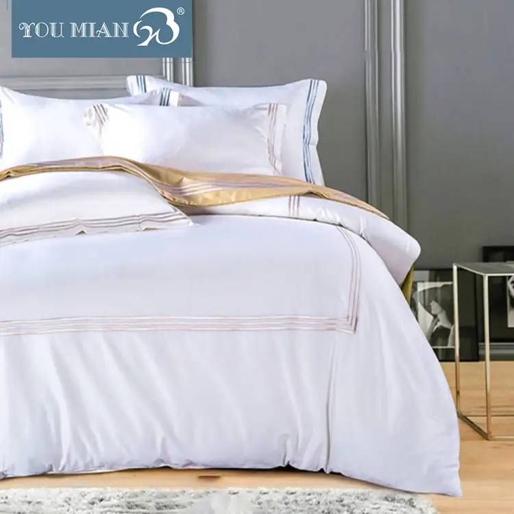 Lenzuolo in tessuto per la casa di eccellente qualità Set di biancheria da letto in lenzuolo blu bianco solido Set di trapunte in cotone 300tc e 400tc